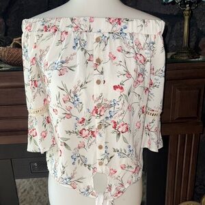 BCX Size Large L Floral Off-Shoulder Blouse White and Pink summer top shirt